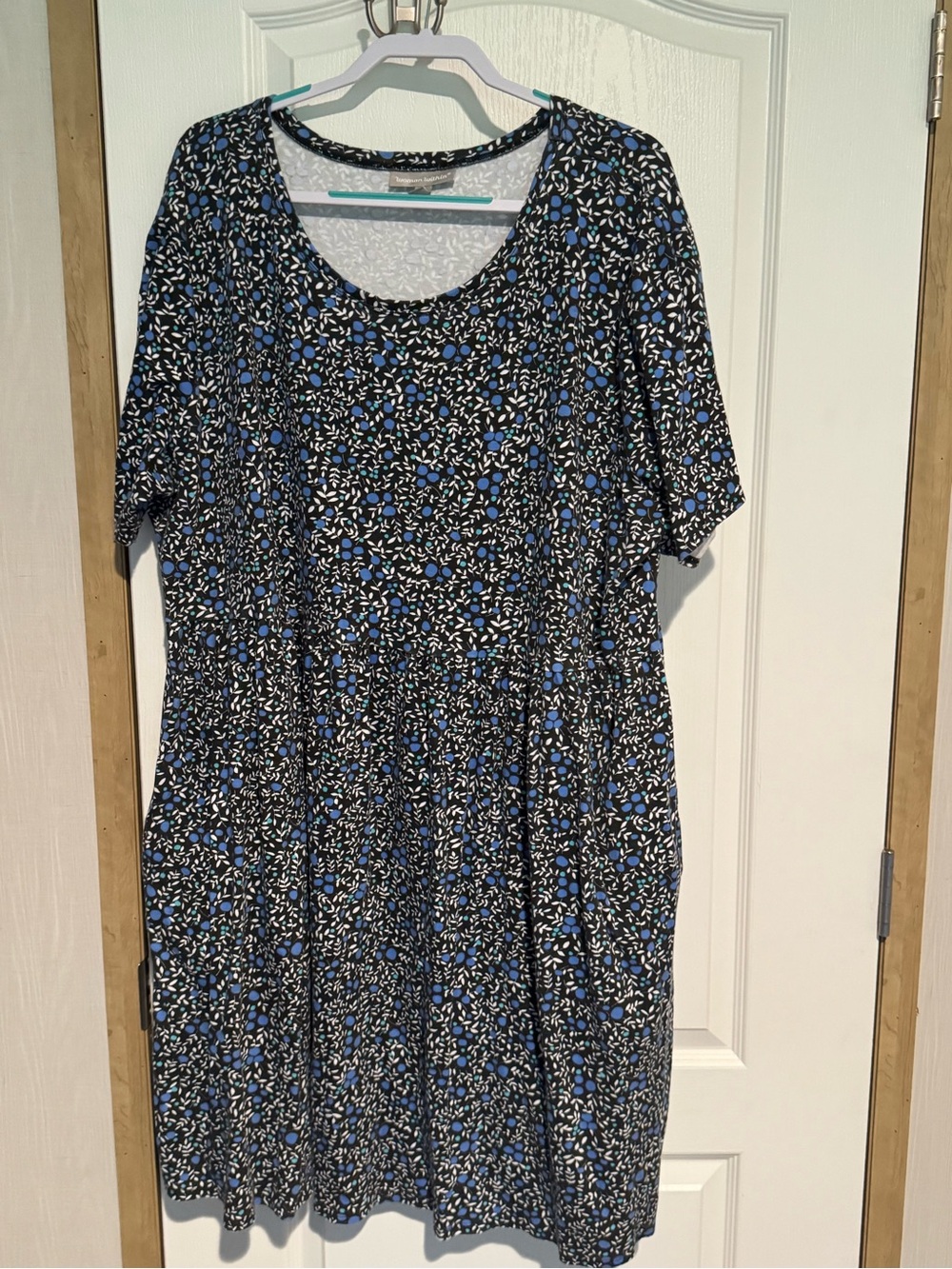 Woman Within Black Dress with Blue Floral Print